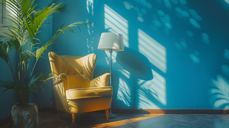 Azure living room with electric blue chair, lamp, and potted plantの素材