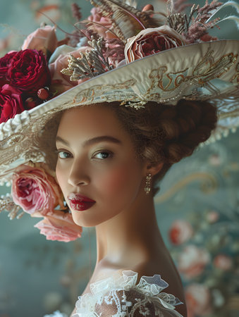 A woman in a floral headgear exuding beauty and artistryの素材