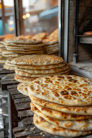 Fresh flatbreads in the bakery, fragrance of baked breadの素材