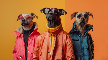 Three dogs in jackets and sunglasses standing togetherの素材