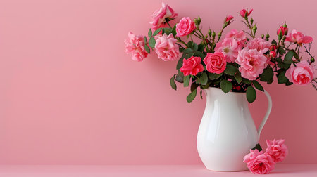 Beautiful Pink Roses in White Vase Against Pink Backgroundの素材