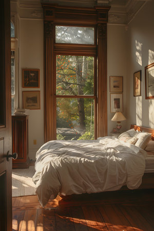 Cozy bedroom with hardwood flooring, large window, and comfortable bedの素材