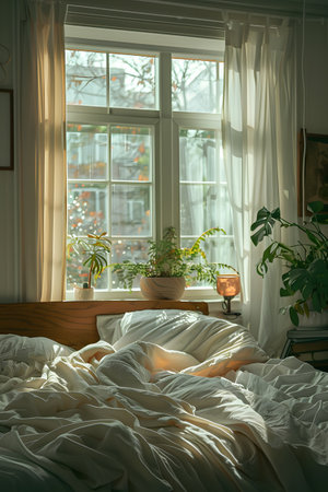 Comfortable bedroom with a bed and plants on the window sillの素材