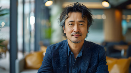 A man with a beard is sitting at a table, smiling at the cameraの素材