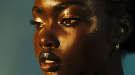 a close up of a woman s face with the sun shining on itの素材