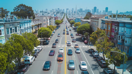 City street with cars, buildings, and trees seen from aboveの素材