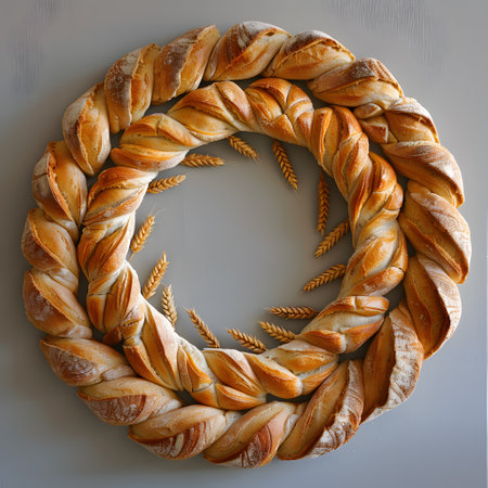 Bread and wheat wreath as a fashion accessory on tableの素材