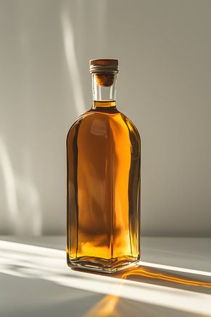 An amber fluid in a glass bottle sits on a table, illuminated by sunlightの素材
