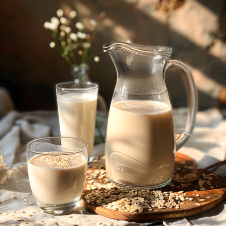 Pitcher and Glasses of Fresh Oat Milk on a Wooden Tableの素材