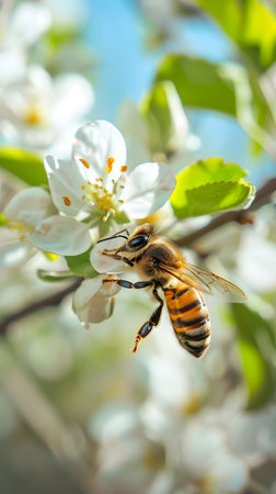 A Honeybee is Pollinating a White Flower on a Sunny Dayの素材