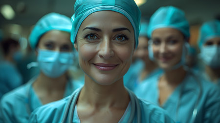 Female surgeons in aqua headgear and electric blue caps smiling for the cameraの素材