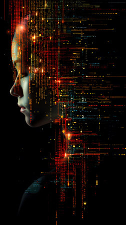 a close up of a person s face with a circuit board in the backgroundの素材