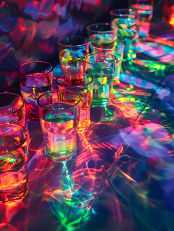 Colorful Light Reflections on Glasses at Night Partyの素材