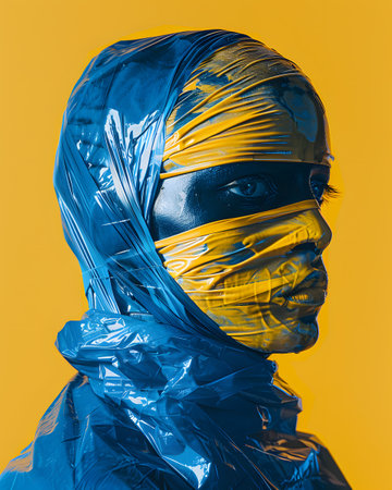 An electric blue plastic bag worn as a fashionable accessory in art and designの素材