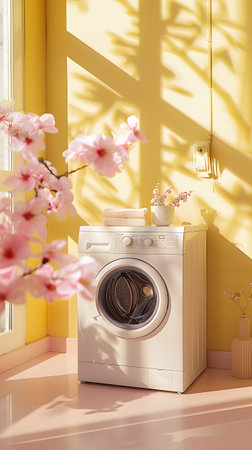 Beautiful Bright Laundry Room with Washer and Floral Decorの素材