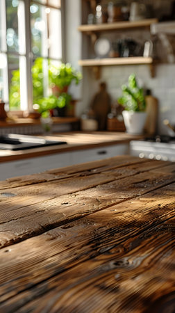 Wooden table in kitchen with window, plant, and grass outsideの素材
