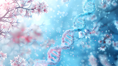 DNA Helix and Cherry Blossoms in a Mystical Blue Backgroundの素材