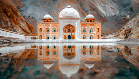 a large building is reflected in a body of water surrounded by mountainsの素材