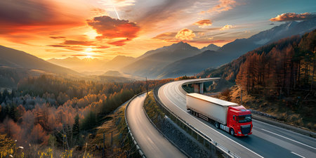 Red Truck driving on a picturesque mountain road at sunsetの素材