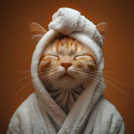 Felidae wearing bathrobe towel on head by windowの素材