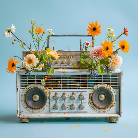 Floral boombox on electric blue backdrop, a unique art pieceの素材