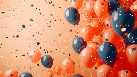 A cluster of bright orange and electric blue balloons float in the skyの素材