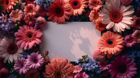 Beautiful flowers encircle a white card in shades of pink, violet, and magentaの素材