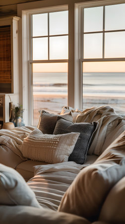 Cozy Beachfront Living Room with Cushions and Ocean Viewの素材