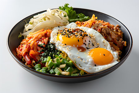 Close up of fried eggs and leafy vegetables on a plateの素材
