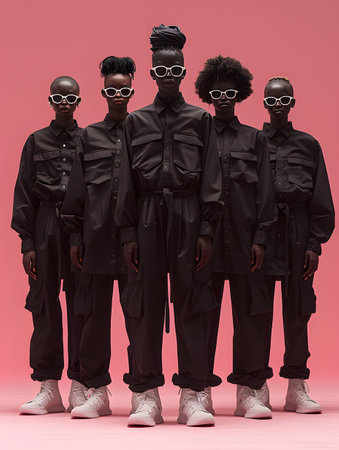 A crew in black uniforms and sunglasses stand together on a pink backgroundの素材