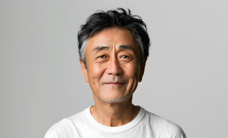 A man in a white shirt, smiling and making eye contact with the cameraの素材