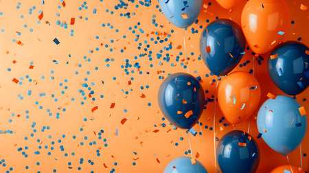 Colorful blue and orange circles and drops on a fluid orange backgroundの素材