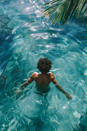 a man is swimming in a pool with his arms outstretchedの素材