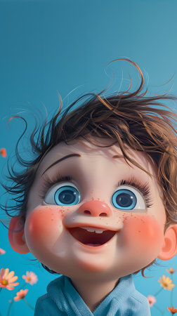 Cartoon baby with a smiling facial expression, flowers in the backgroundの素材