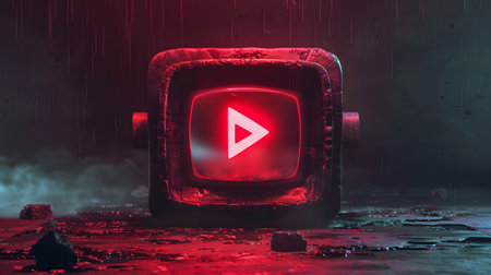 Futuristic Play Button Icon Neon Glow in Dark Sci-Fi Backgroundの素材