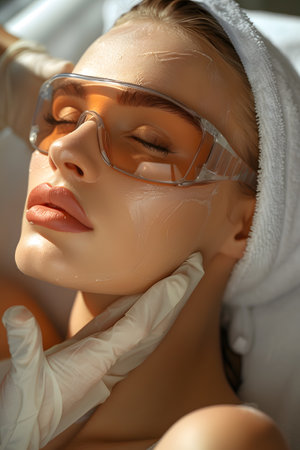 A woman with a towel on her head getting a laser treatment for her faceの素材