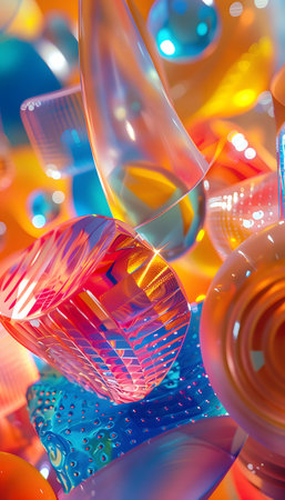 Electric blue and magenta circles float in liquid air with glass patternsの素材