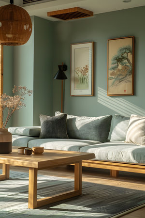 a living room with a couch , coffee table , and paintings on the wallの素材