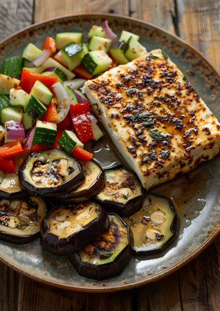 Grilled Halloumi Cheese With Vegetables And Eggplant Slices On Plateの素材