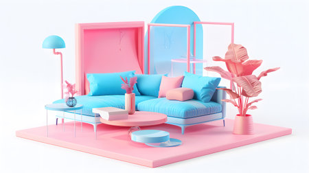 a 3d rendering of a living room with a blue couch and pink pillowsの素材