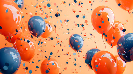 Orange and electric blue balloons and confetti in the airの素材