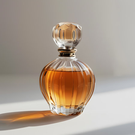 An amber glass bottle of perfume rests on a white surfaceの素材