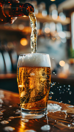 Liquid wheat beer being poured from bottle into beer glassの素材