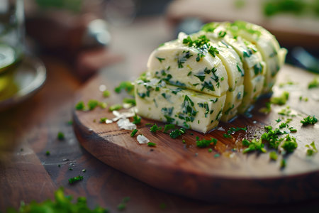 Fresh herb butter on a wooden board, ideal for food enthusiastsの素材