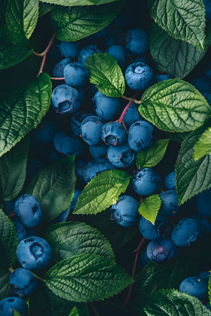 Electric blueberries nestled among lush green foliageの素材