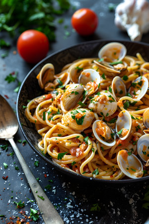Dish of spaghetti with clams, tomatoes, and spoon on tableの素材