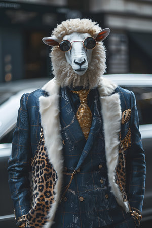 A sheep in electric blue fur clothing and tie is by a carの素材