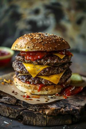 Triple Cheeseburger with Sesame Bun and Ketchup Sauceの素材