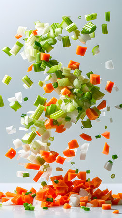 Assorted chopped veggies cascade onto the table, ready for cookingの素材