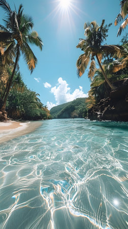 Tropical Paradise Beach with Palm Trees and Crystal Clear Waterの素材